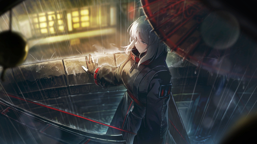 1girl, 1other, archery_shooting_glove, black_jacket, black_skirt, blue_eyes, bow, cropped_jacket