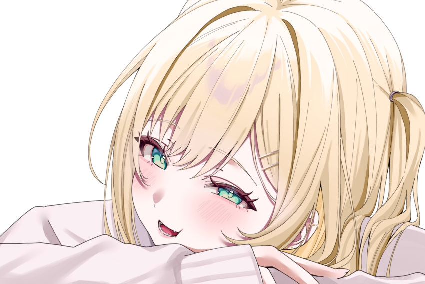 1girl, :d, blonde_hair, blush, cardigan, commentary_request, fang, green_eyes
