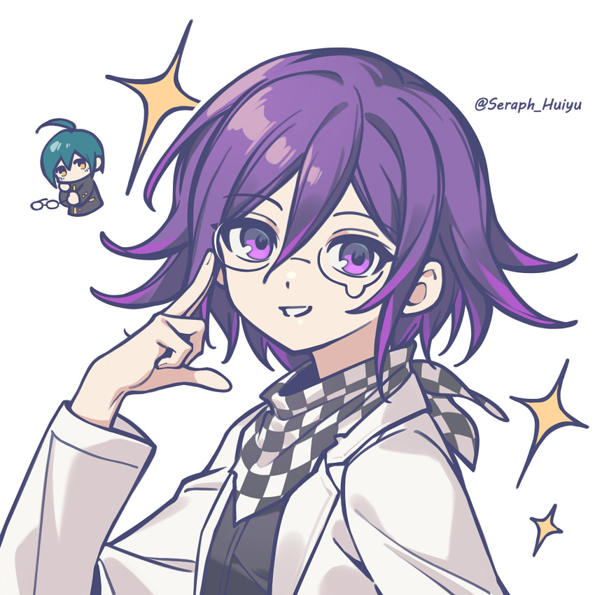 2boys, ahoge, artist_name, black_jacket, checkered_neckerchief, danganronpa_(series), danganronpa_v3:_killing_harmony, ewa_(seraphhuiyu)