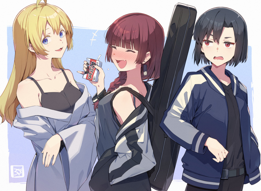 3girls, 3s_(tarariko), ahoge, alcohol, alcohol_carton, black_hair, blonde_hair, blue_eyes