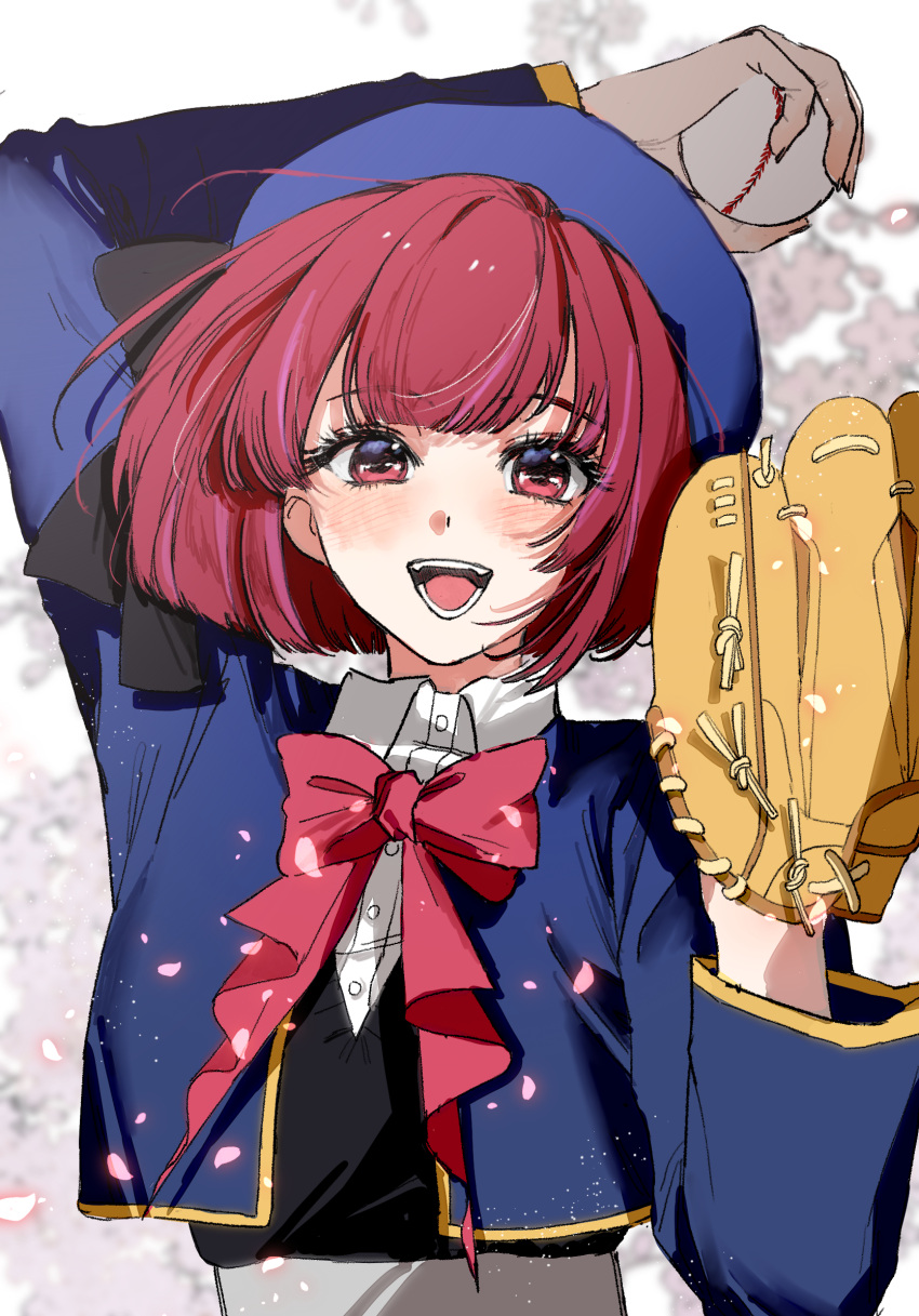 1girl, :d, arima_kana, arm_up, ball, baseball_(object), baseball_mitt, beret