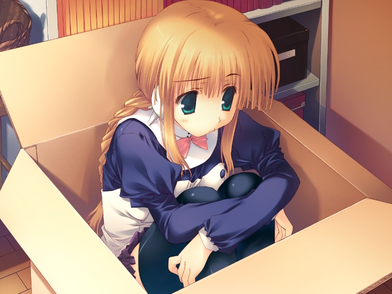 aqua_eyes, black_legwear, blonde_hair, box, braid, cardboard_box, game_cg, green_eyes