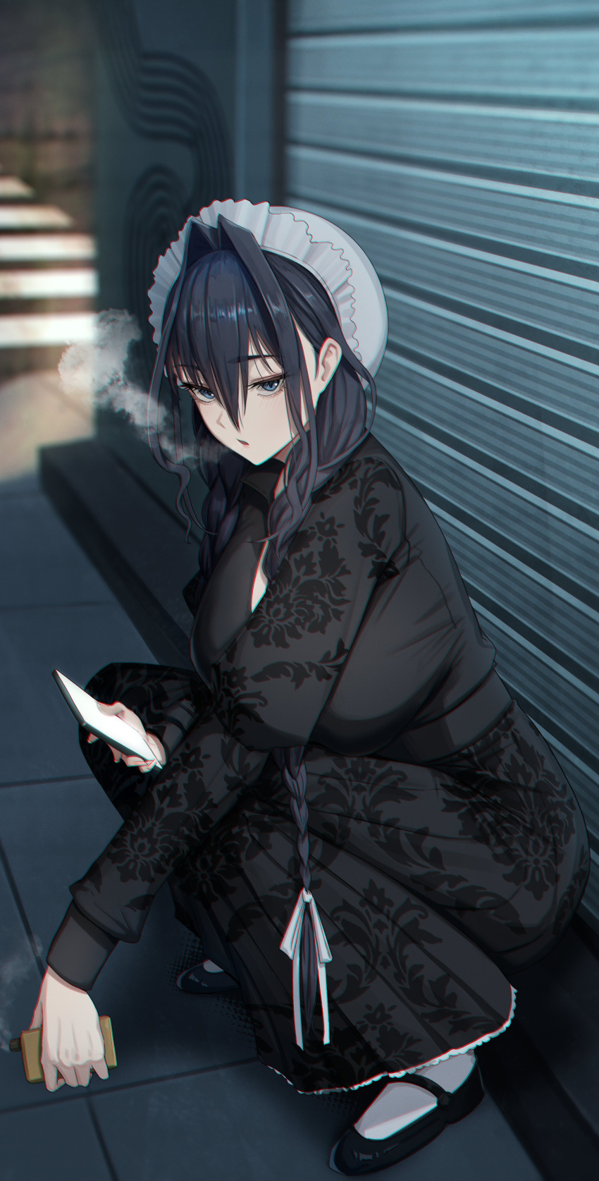absurdres, apron, back_alley, blue_eyes, blue_hair, braid, breasts, cellphone