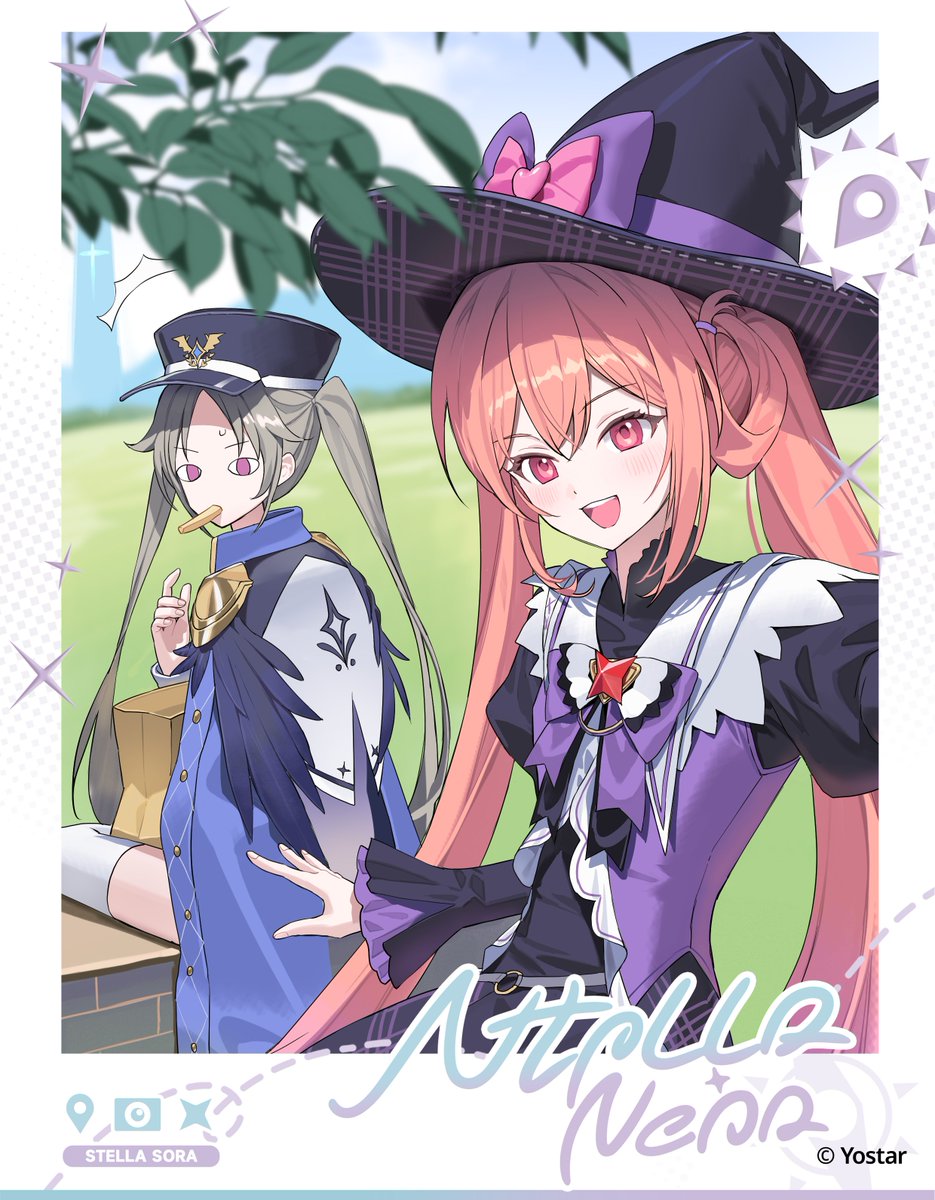 2girls, bag, blush, bow, brooch, dress, food, food_in_mouth, grass, grey_hair, guest_art, hair_rings, hat, hat_bow, highres, jacket, jewelry, juliet_sleeves, kitada_mo, laru_(stella_sora), long_hair, long_sleeves, looking_at_viewer, mistique_(stella_sora), multiple_girls, open_mouth, outdoors, pink_eyes, pink_hair, puffy_sleeves, red_eyes, sitting, smile, stella_sora, teeth, thigh-highs, twintails, upper_teeth_only, witch_hat
