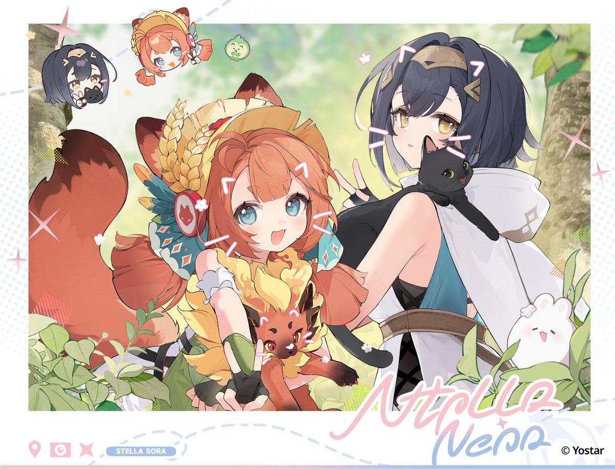 2girls, amber_(stella_sora), animal, animal_ears, ann_(stella_sora), arin_(fanfan013), black_cat, black_gloves