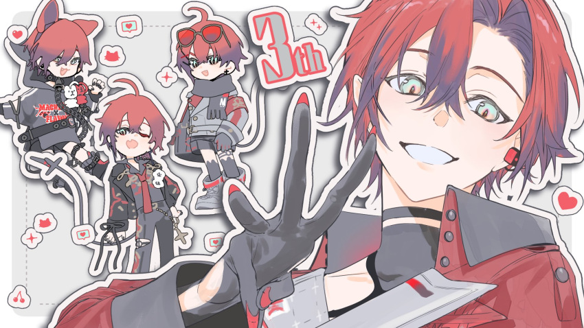 1boy, :d, ;d, ahoge, animal_ear_hood, animal_ears, bell, black_nails, cherry, collar, earrings, eyewear_on_head, fake_animal_ears, fake_tail, food, fruit, gloves, hair_between_eyes, heart, highres, holostars, holostars_english, hood, hood_down, hoodie, jewelry, looking_at_viewer, machina_x_flayon, machina_x_flayon_(1st_costume), male_focus, multiple_views, neck_bell, necktie, one_eye_closed, open_mouth, red_hair, red_necktie, scarf, shokuen_(oxstl), shorts, smile, tail, tinted_eyewear, virtual_youtuber