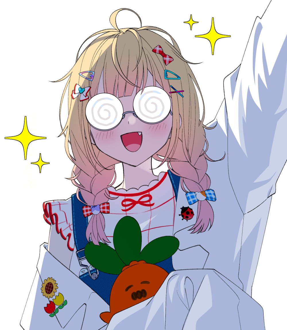 1girl, ahoge, arm_up, blonde_hair, blue_overalls, blush, bow, braid