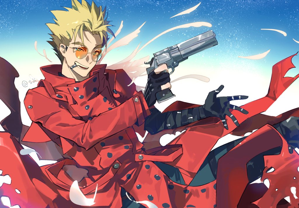 1boy, blonde_hair, bullet, bullet_hole, coat, fingerless_gloves, gloves, gun