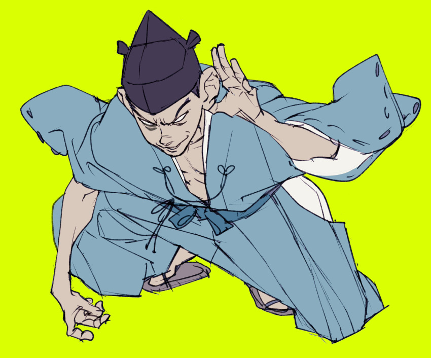 1boy, adc_mt, black_hair, blank_eyes, blue_kimono, commentary_request, cupping_ears, full_body