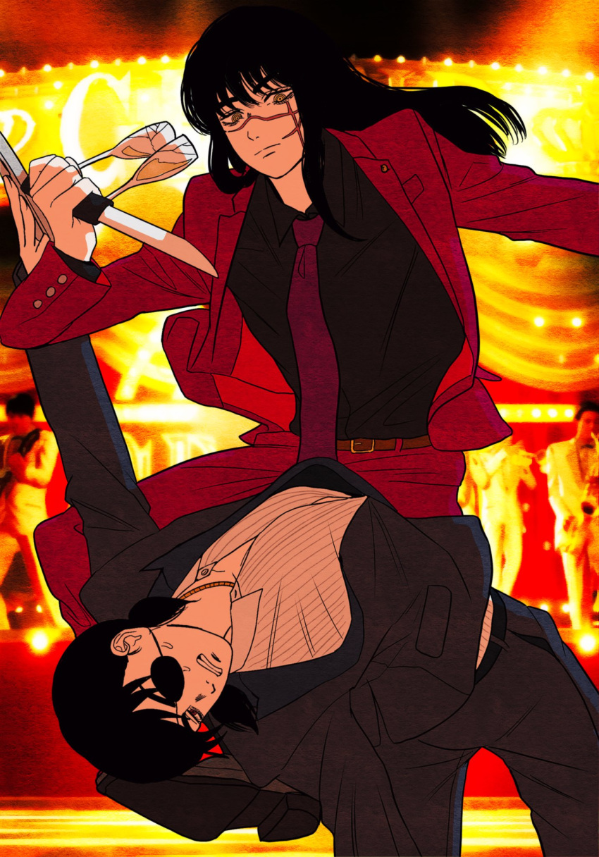 2girls, black_hair, black_jacket, black_pants, black_shirt, breasts, cabaret, cdtxufre