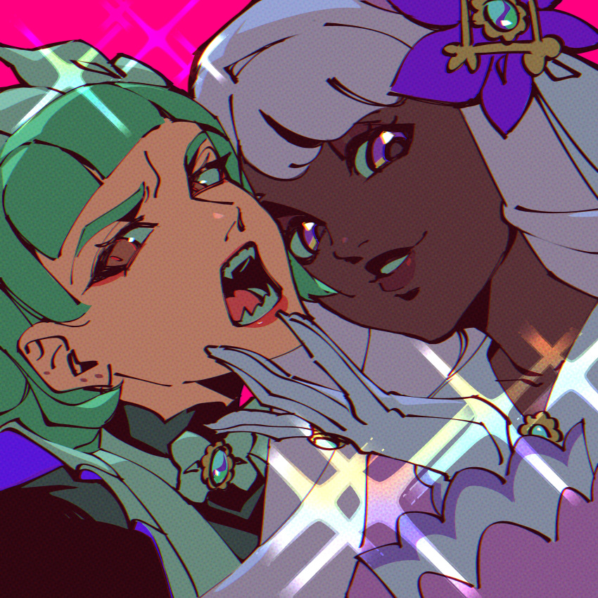 2girls, absurdres, bow, bowtie, brown_eyes, crocrubies, dark-skinned_female, dark_skin