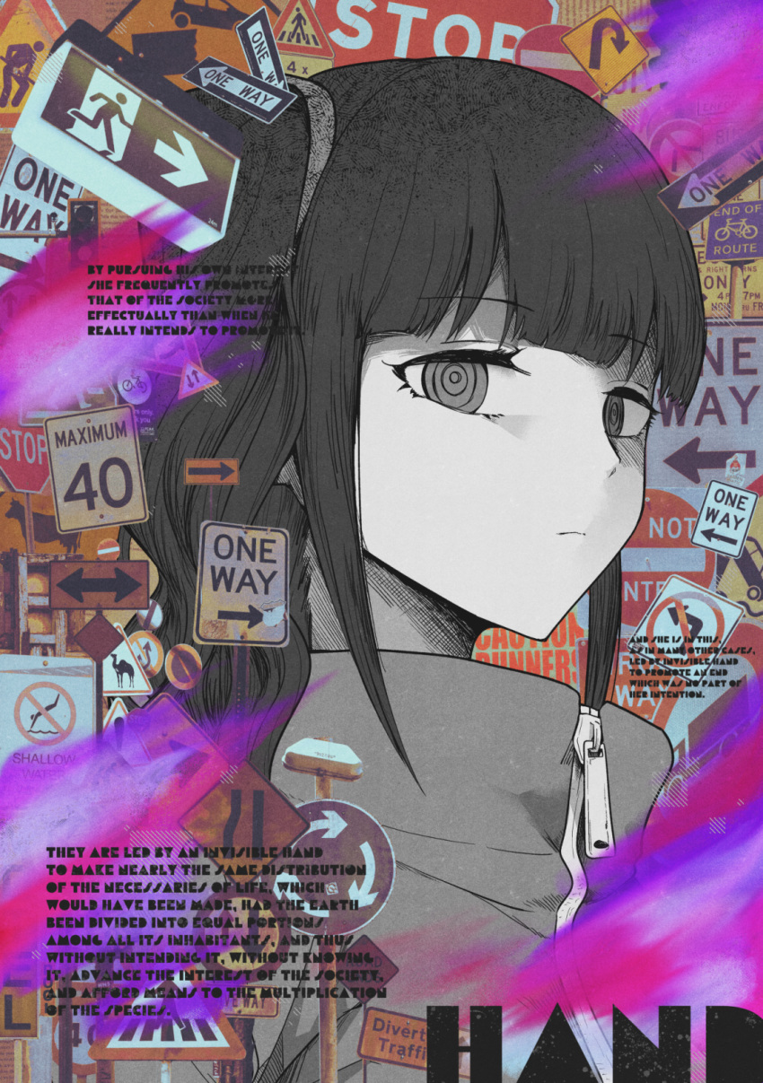 1girl, collage_background, commentary_request, english_text, exit_sign, expressionless, highres, jacket