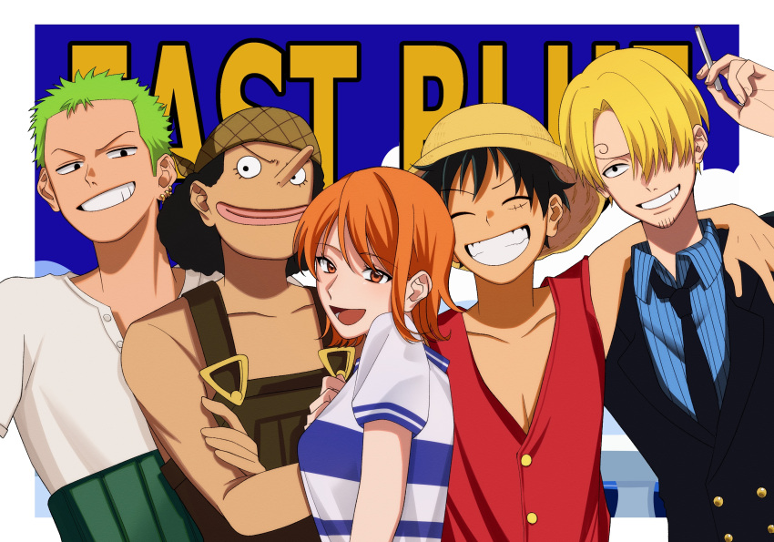 1girl, 4boys, absurdres, bare_shoulders, black_hair, black_jacket, black_necktie, blonde_hair