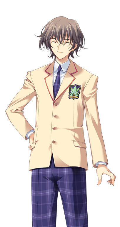 1boy, blazer, brown_hair, brown_jacket, chaos;head, closed_eyes, collared_shirt, cowboy_shot