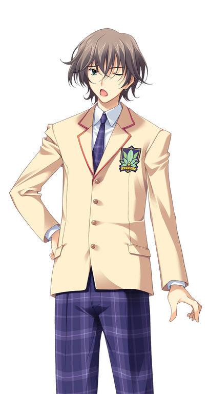 1boy, blazer, brown_hair, brown_jacket, chaos;head, collared_shirt, cowboy_shot, dress_shirt