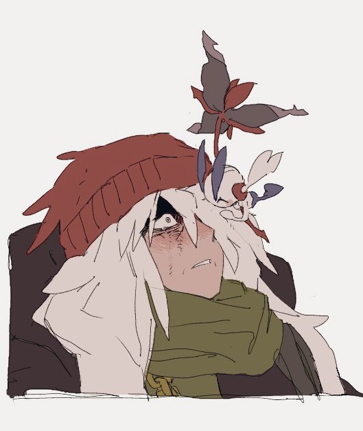 1boy, ^_^, az_(pokemon), beanie, black_jacket, closed_eyes, commentary_request, cropped_torso, floette, floette_(eternal), flower, green_scarf, hat, holding, holding_flower, hug, jacket, long_hair, looking_at_another, male_focus, o6262626, old, parted_bangs, parted_lips, pokemon, pokemon_legends:_z-a, red_hat, scarf, solo, teeth, wide-eyed