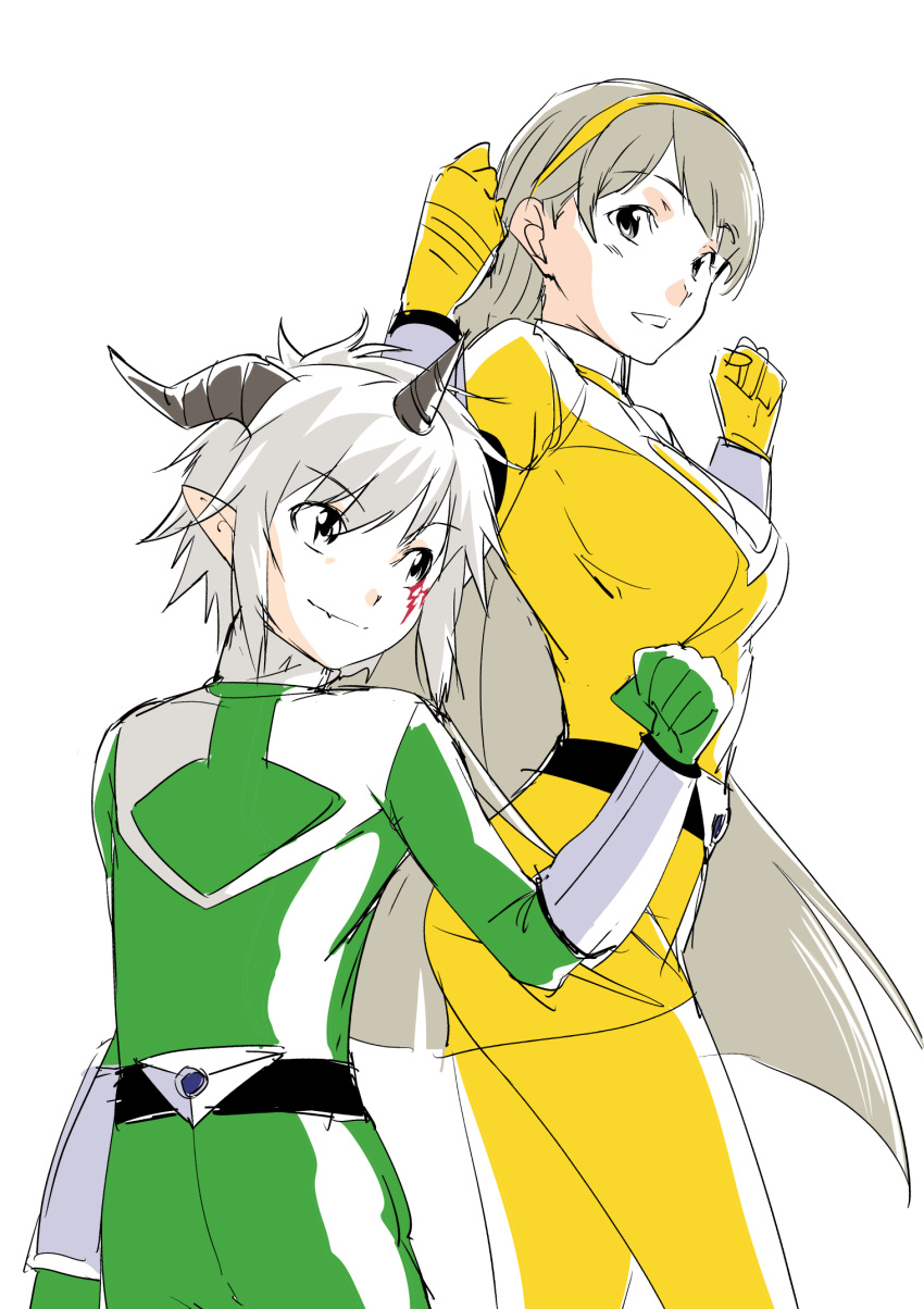 1boy, 1girl, aegiomon, angrynerd_c, bodysuit, breasts, clenched_hand, cowboy_shot, digimon, digimon_story:_time_stranger, facial_mark, green_bodysuit, grey_hair, highres, horns, large_breasts, long_hair, mirai_sentai_timeranger, misono_inori, pointy_ears, short_hair, simple_background, skirt, super_sentai, time_green, time_yellow, white_background, yellow_bodysuit, yellow_skirt