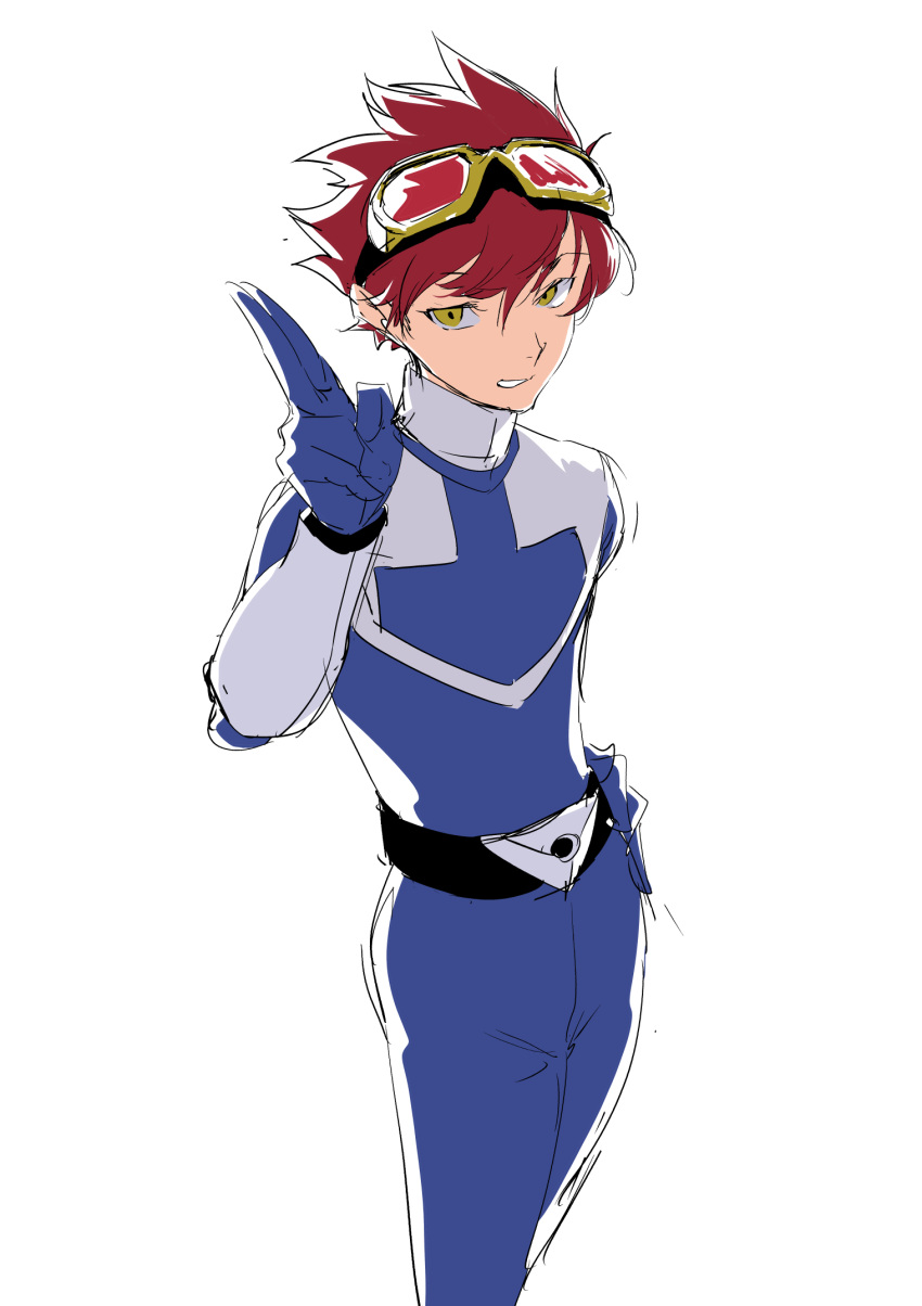 1boy, angrynerd_c, blue_bodysuit, bodysuit, brown_hair, cowboy_shot, digimon, digimon_story:_time_stranger, highres, male_focus, mirai_sentai_timeranger, salute, short_hair, simple_background, solo, super_sentai, time_blue, two-finger_salute, white_background, yellow_eyes, yuuki_dan