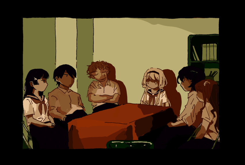 3boys, 3girls, akabane_youko, alternate_costume, black_border, black_hair, bookshelf, border