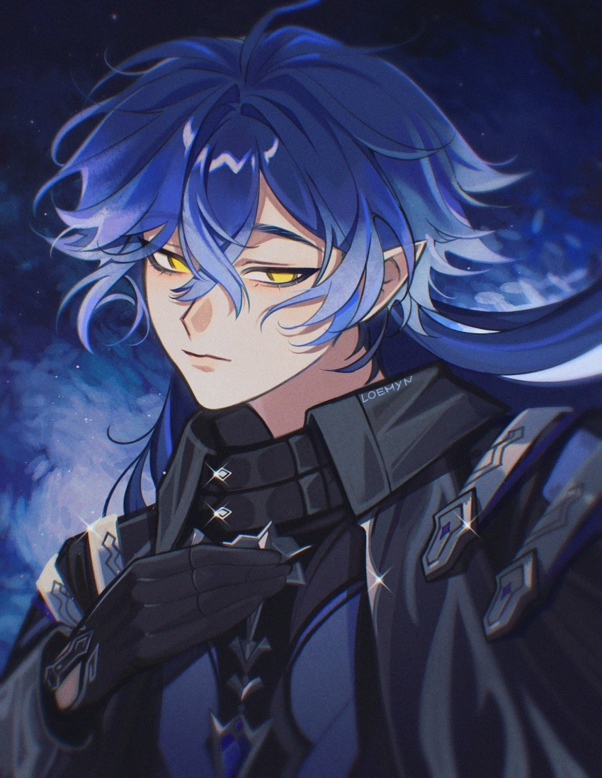 1boy, black_coat, black_gloves, blue_gemstone, blue_hair, closed_mouth, clothing_cutout, coat