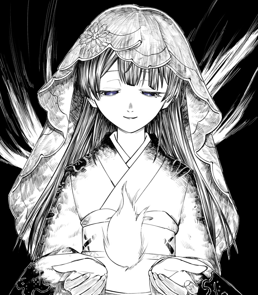 1girl, commentary_request, fire, greyscale, half-closed_eyes, hands_up, highres, hitodama, kajika_(kazika_mtk16), long_hair, long_sleeves, looking_down, monochrome, nijisanji, obi, obiage, object_floating_above_hand, parted_lips, sash, simple_background, single_flame, smile, solo, spot_color, straight-on, tsukino_mito, tsukino_mito_(hyakumonogatari), upper_body, veil, violet_eyes, virtual_youtuber