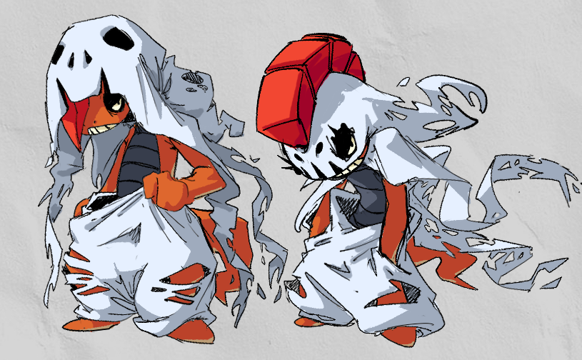 1other, adjusting_clothes, adjusting_pants, clothes_grab, colored_sclera, colored_skin, facing_to_the_side, grey_background, hands_in_pockets, hood, hood_up, hoodie, leaning_forward, lizard, mega_scrafty, mohawk, noiiizuu, orange_hair, orange_skin, pants, pokemon, pokemon_(creature), pokemon_focus, pokemon_legends:_z-a, scrafty, shedding, shedding_skin, skull, solo, teeth, torn_clothes, torn_hood, torn_hoodie, torn_pants, torn_skin, white_hood, white_pants, wind, yellow_sclera