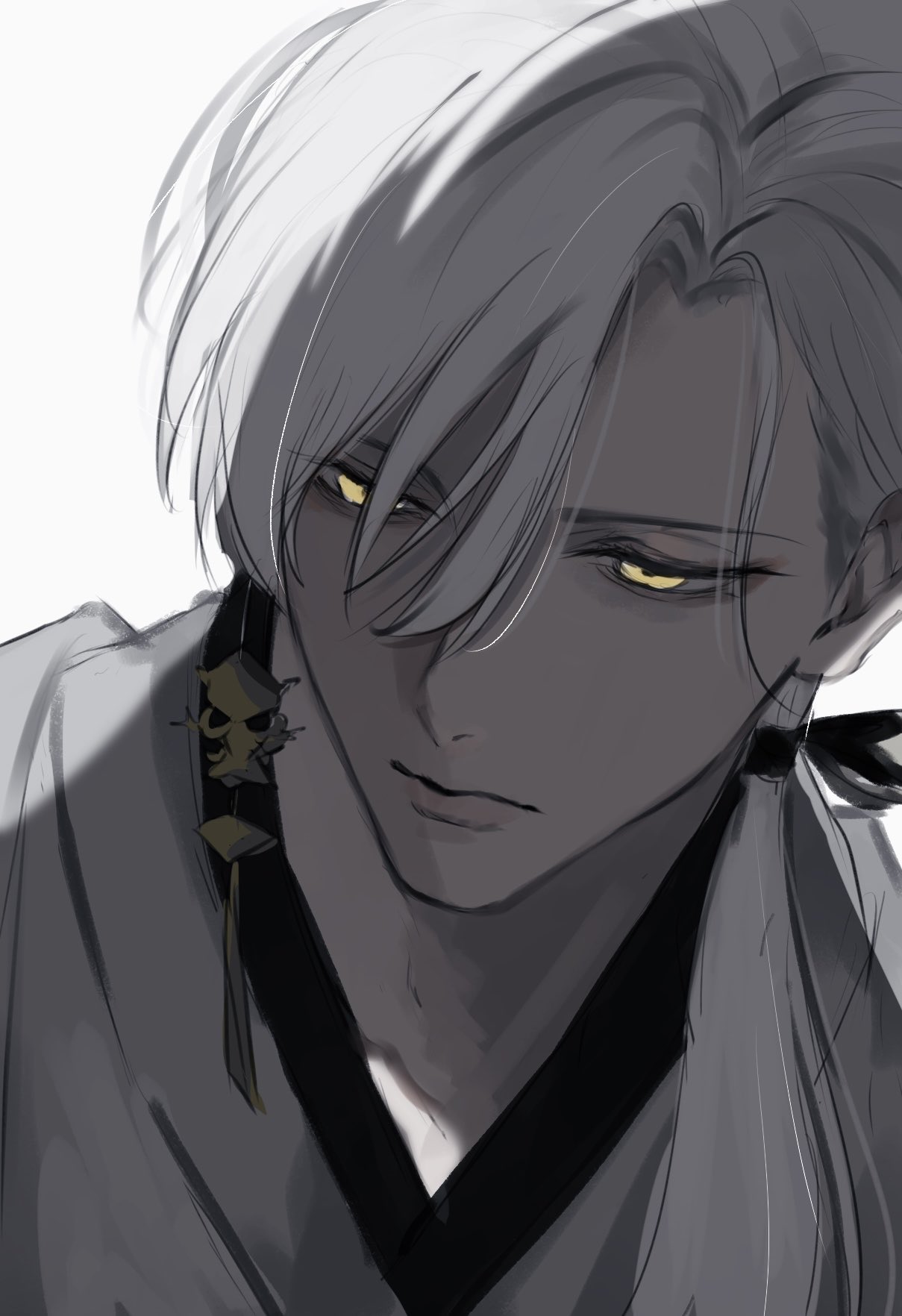 1boy, bishounen, closed_mouth, commentary, earrings, fox_mask_(silent_hill), highres, japanese_clothes