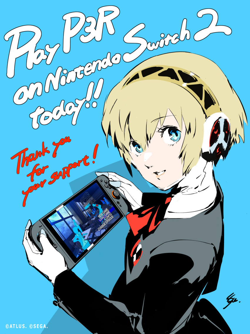 1girl, aigis_(persona), android, aqua_eyes, black_jacket, blonde_hair, blue_background, blue_eyes
