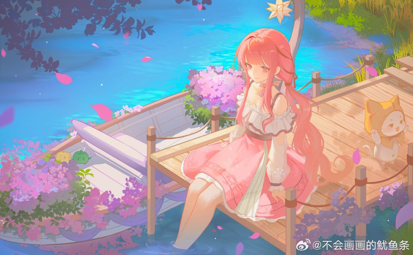 1girl, ahoge, animal, apple, arm_cutout, bare_legs, bare_shoulders, belt, black_belt, black_bow, black_ribbon, blunt_bangs, boat, bow, bow_choker, bowtie, bra_strap, brown_eyes, bu_hui_huahua_de_youyu_tiao, cat, chinese_commentary, choker, cloak, closed_mouth, clothed_animal, clothing_cutout, collarbone, commentary_request, day, ear_covers, eyelashes, falling_petals, food, food-themed_creature, frilled_shirt, frilled_skirt, frilled_sleeves, frills, fruit, full_body, grass, hair_bow, hair_ribbon, hexagram, high-waist_skirt, hood, hood_up, hooded_cloak, infinity_nikki, junimo, layered_skirt, long_hair, long_sidelocks, long_sleeves, looking_ahead, low_twintails, medium_skirt, momo_(nikki), navel, nikki_(nikki), nikki_(series), off-shoulder_shirt, off_shoulder, outdoors, pawpads, perfect_start_(infinity_nikki), petals, pink_bow, pink_choker, pink_hair, pink_ribbon, pink_skirt, pleated_skirt, puffy_long_sleeves, puffy_sleeves, ribbon, river, shirt, sidelocks, single_stripe, sitting, skirt, sleeves_past_wrists, smile, soaking_feet, stardew_valley, striped_bow, striped_choker, tress_ribbon, twintails, very_long_hair, watercraft, watermark, waving, wavy_hair, weibo_watermark, whiskers, white_cat, white_shirt, white_skirt, yellow_cloak