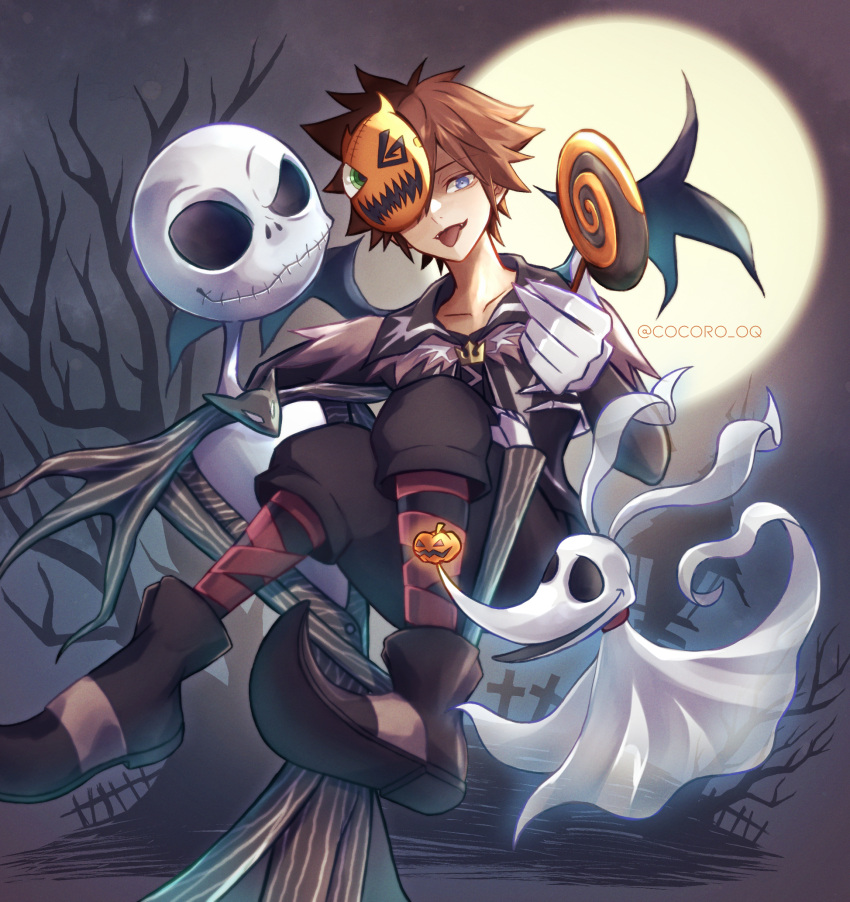 2boys, bat_wings, blue_eyes, brown_hair, candy, cocoro_oq, commentary_request, fangs