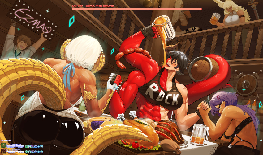 abs, absurdres, arm_wrestling, ass, au_ra, breasts, buttslayer, dark-skinned_female