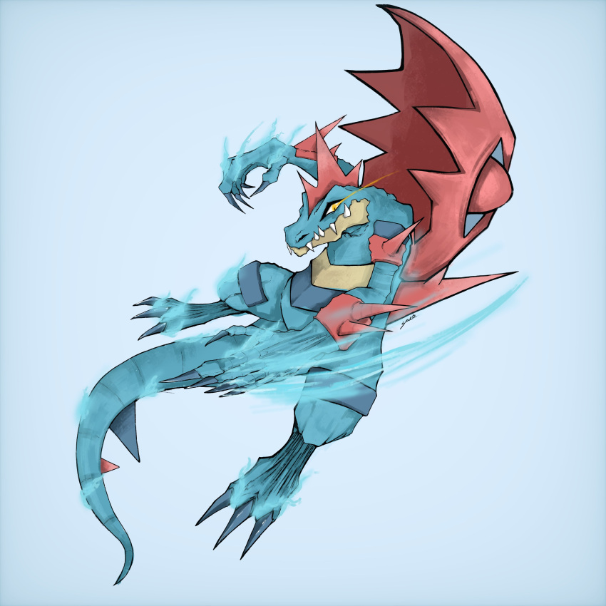 1other, absurdres, alligator, animal_focus, attack, blue_background, blue_skin, claws, colored_skin, crocodilian, crocodilian_tail, english_commentary, evolittus, facing_to_the_side, feraligatr, highres, looking_to_the_side, mega_feraligatr, mega_pokemon, midair, mohawk, pokemon, pokemon_(creature), pokemon_focus, pokemon_legends:_z-a, sharp_teeth, shoulder_spikes, solo, spikes, tail, teeth, yellow_eyes