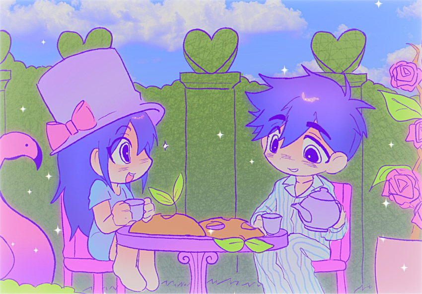 1boy, 1girl, antenna_hair, aubrey_(headspace)_(omori), aubrey_(omori), blue_shirt, blue_sky, blush