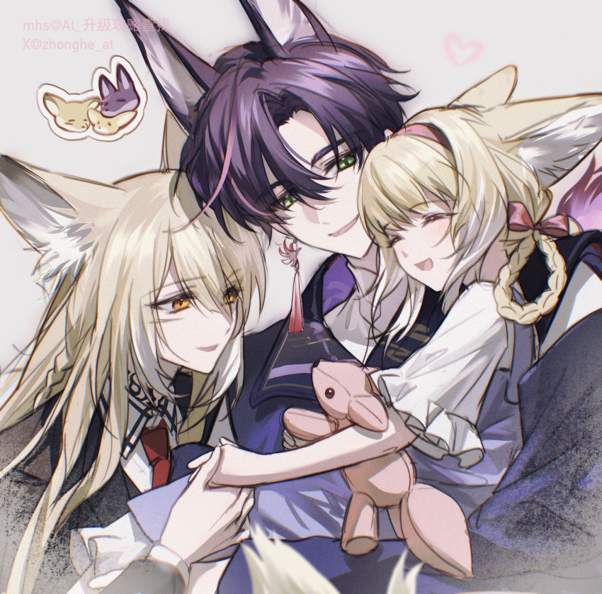 1boy, 2girls, animal_ears, arknights, blonde_hair, braid, family, father_and_daughter