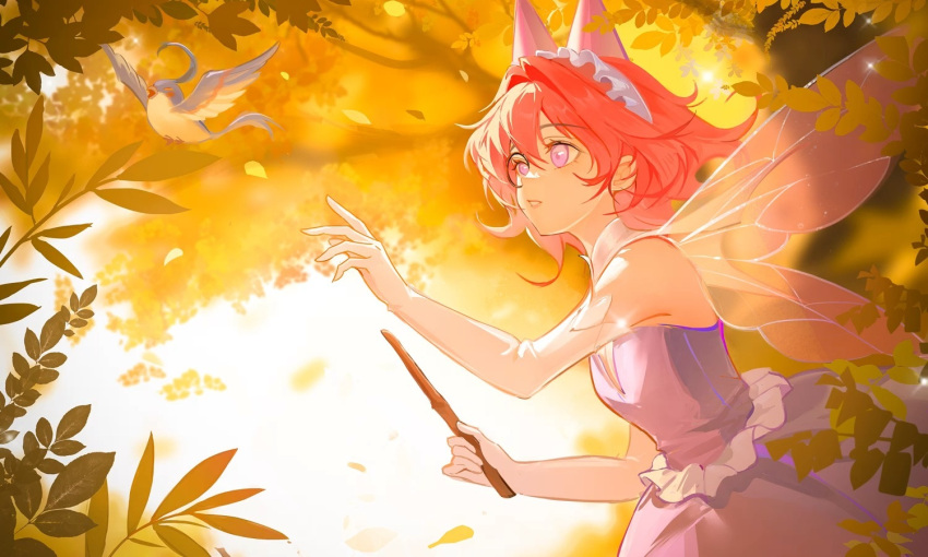 1girl, autumn, bad_source, bare_shoulders, bird, black-framed_eyewear, blue_bird, bu_hui_huahua_de_youyu_tiao