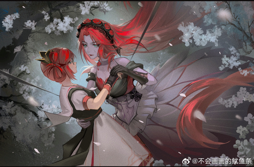 2girls, absurdly_long_hair, aqua_eyes, back_ribbon, banshee_(infinity_nikki), bare_shoulders, black-framed_eyewear, black_border