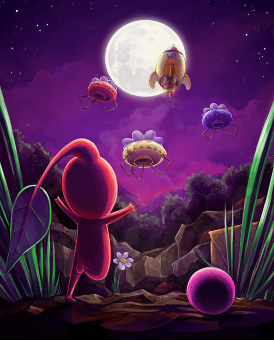 berry, clouds, colored_skin, creature, creature_focus, flower, from_behind, full_moon