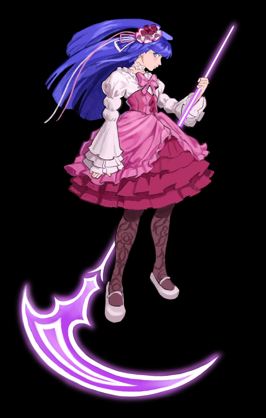 1girl, black_background, blue_eyes, blue_hair, blunt_bangs, bow, choker, dadith, dress, flower, frilled_skirt, frills, furudo_erika, hair_flower, hair_ornament, hat, highres, long_hair, pantyhose, pink_bow, ribbon, rose, scythe, simple_background, skirt, solo, twintails, umineko_no_naku_koro_ni