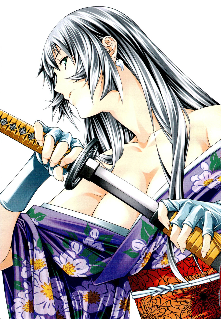 bare_shoulders, black_hair, breasts, chouun_shiryuu, cleavage, collarbone, fingerless_gloves, gloves