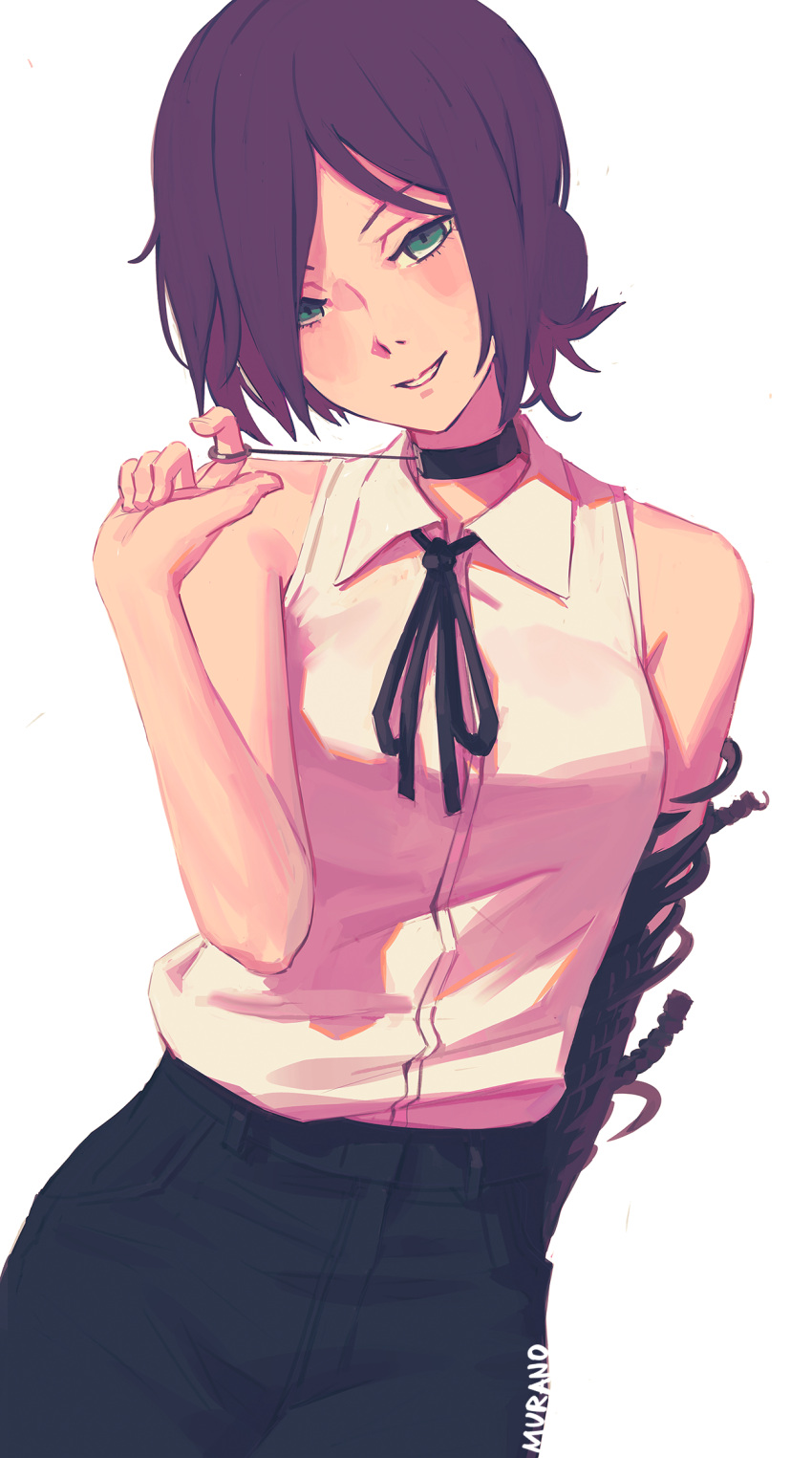 1girl, artist_name, black_gloves, black_ribbon, black_shorts, chainsaw_man, choker, elbow_gloves