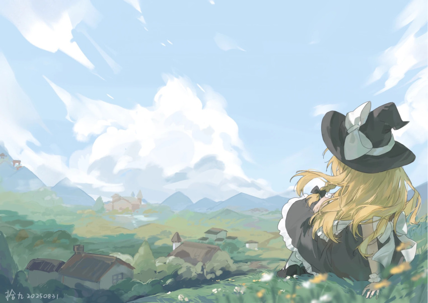 1girl, artist_name, black_bow, black_hat, black_shoes, black_skirt, blonde_hair, bow
