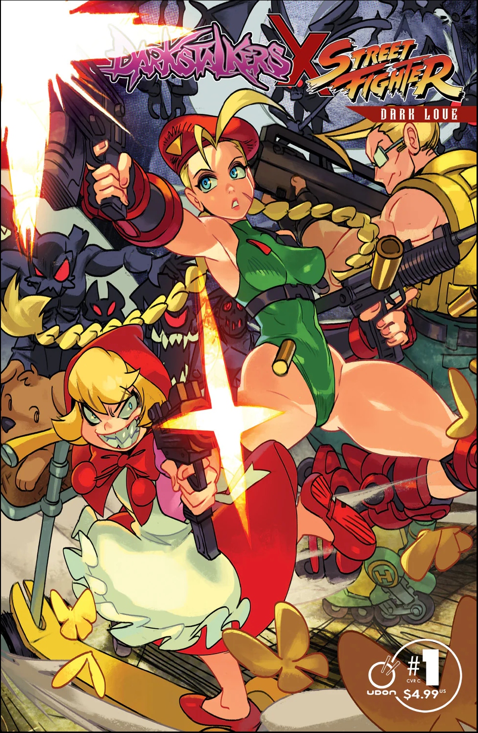 1boy, 2girls, alex_ahad, b.b._hood, beret, blonde_hair, breasts, cammy_white, capcom, charlie_nash, cloak, comic_cover, commentary, company_connection, copyright_name, crossover, darkstalkers, dress, evil_smile, firing, firing_at_viewer, glasses, green_leotard, gun, harry_(darkstalkers), hat, highleg, highleg_leotard, highres, hood, hooded_cloak, leotard, machine_gun, monster, multiple_girls, official_art, red_cloak, scar, scar_on_cheek, scar_on_face, sharp_teeth, shell_casing, smile, street_fighter, submachine_gun, teeth, uzi, weapon