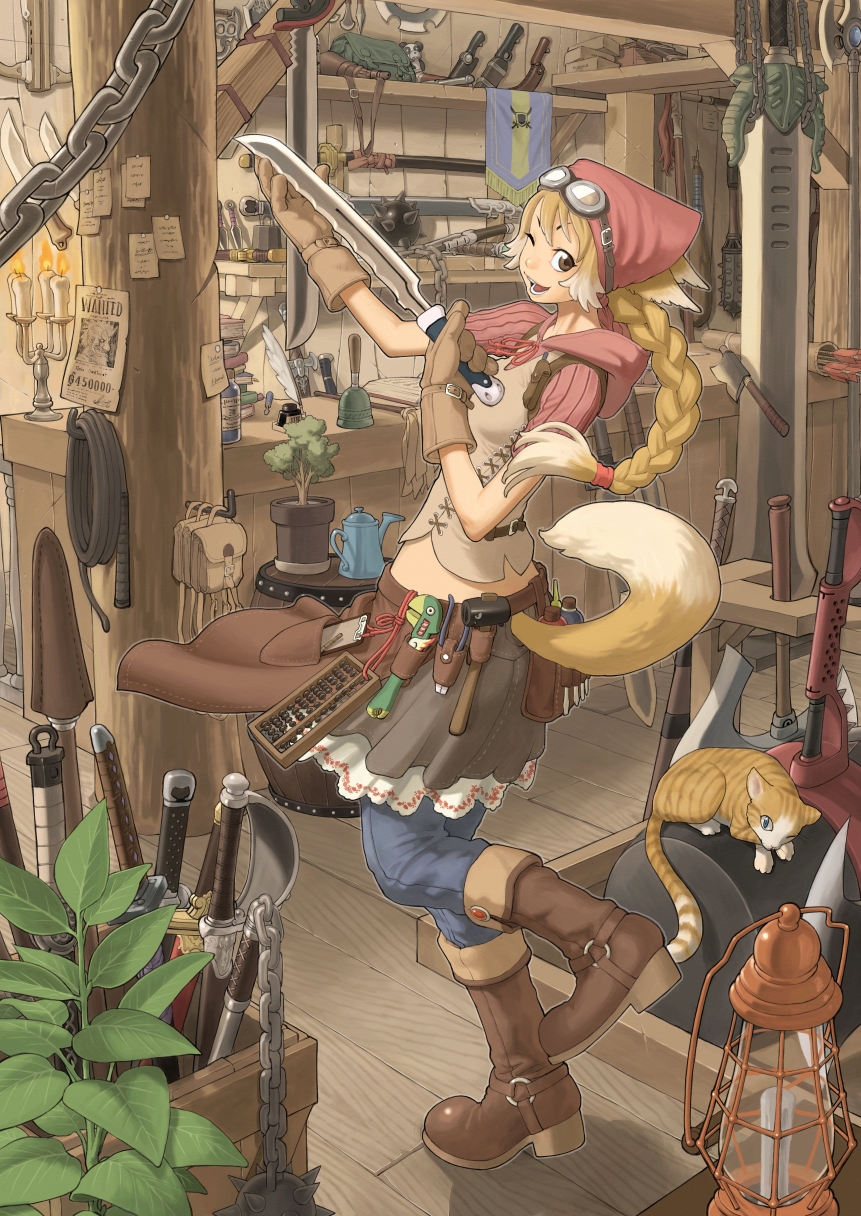 abacus, animal_ears, blonde_hair, boots, braid, brown_eyes, cat, chain