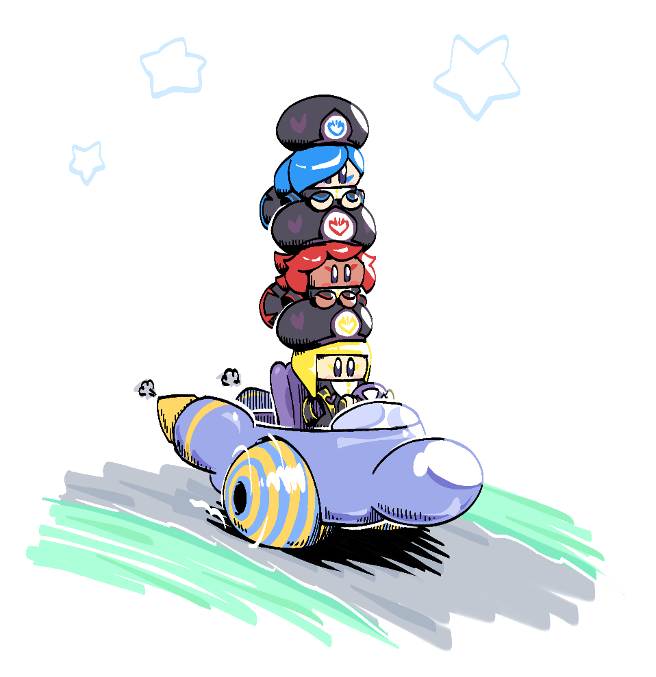 3girls, black_hat, blonde_hair, blue_hair, blush_stickers, car, driving, flamberge_(kirby)