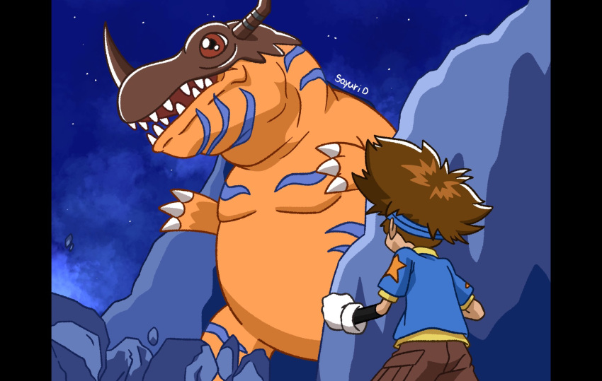 1boy, brown_hair, claws, colored_skin, digimon, digimon_(creature), digimon_adventure, digimon_adventure:_(2020), digimon_adventure_(1999_movie), dinosaur, gloves, goggles, goggles_on_head, greymon, highres, horns, open_mouth, orange_scales, orange_skin, red_eyes, sayuri_d_(liliana86973943), sharp_teeth, shirt, short_hair, teeth, yagami_taichi