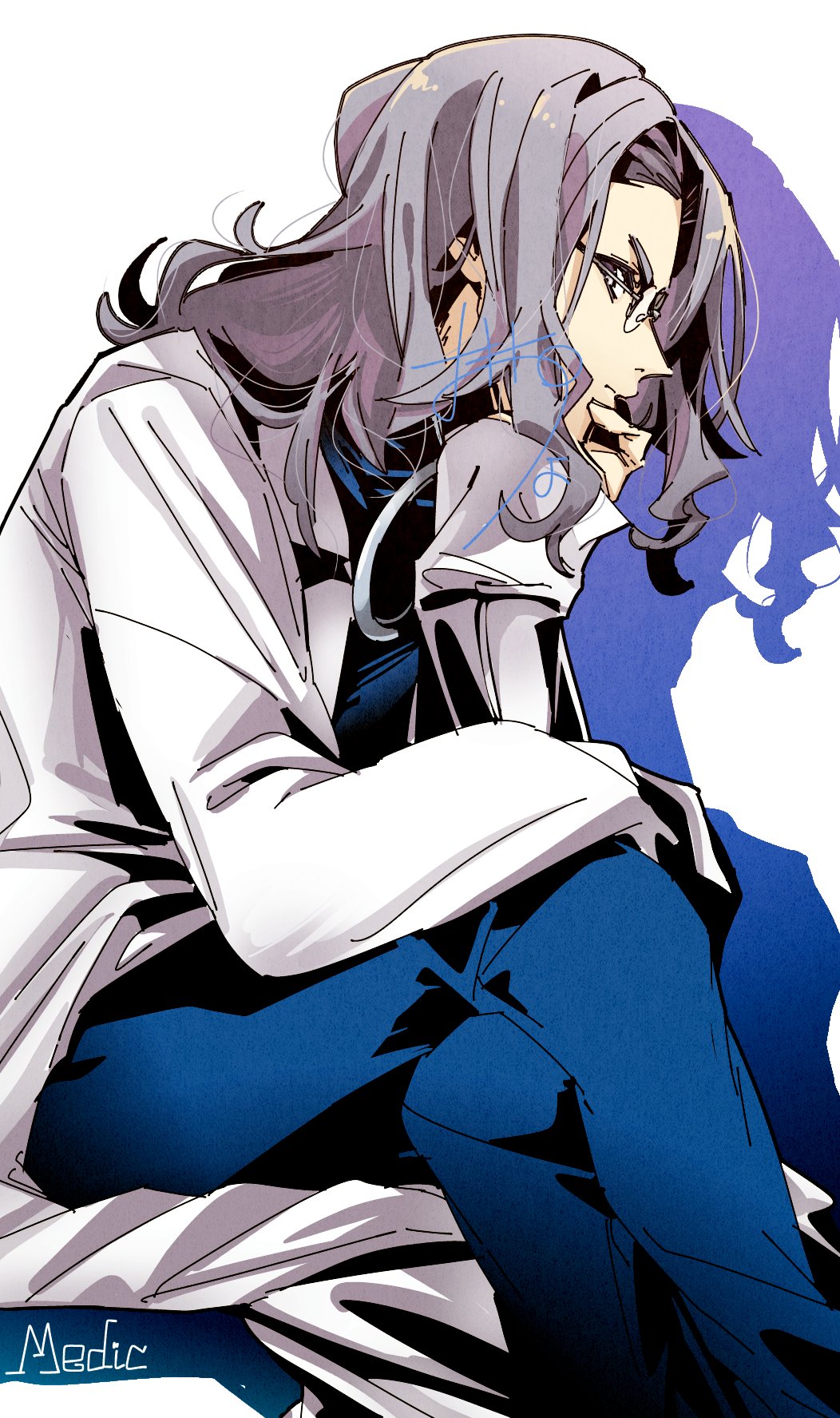 1boy, blue_pants, chicken_curry, crossed_legs, glasses, grey_eyes, grey_hair, highres