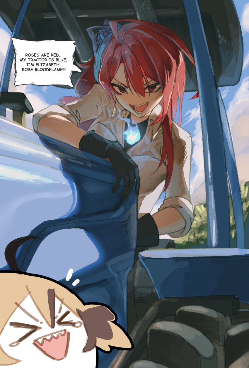 >_<, 2girls, absurdres, black_gloves, blonde_hair, blue_fire, brown_hair, elizabeth_rose_bloodflame