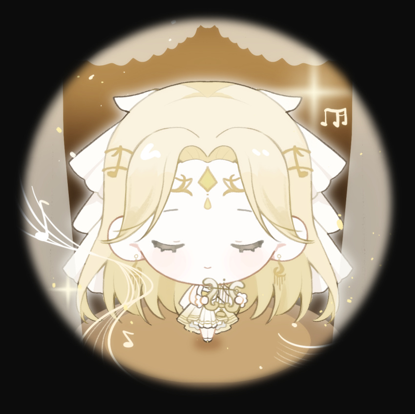 1girl, baonu_de_zhanshen_caibutou, bare_shoulders, black_border, blonde_hair, border, chibi, chinese_commentary, circlet, closed_eyes, closed_mouth, commentary_request, dress, earrings, eyelashes, frilled_dress, frilled_wrist_cuffs, frills, gold_circlet, golden_buds_(infinity_nikki), happy, highres, holding, holding_instrument, holding_lyre, indoors, infinity_nikki, instrument, jewelry, layered_dress, light_blush, light_particles, long_hair, lyre, medium_dress, music, musical_note, musical_note_earrings, musical_staff, nikki_(series), outline, parted_bangs, playing_instrument, pleated_dress, round_border, shoes, sleeveless, sleeveless_dress, smile, solo, sparkle, stage, standing, straight-on, tailcoat, veil, very_long_hair, wavy_hair, white_dress, white_outline, white_shoes, white_veil, white_wrist_cuffs, wrist_cuffs, yellow_dress