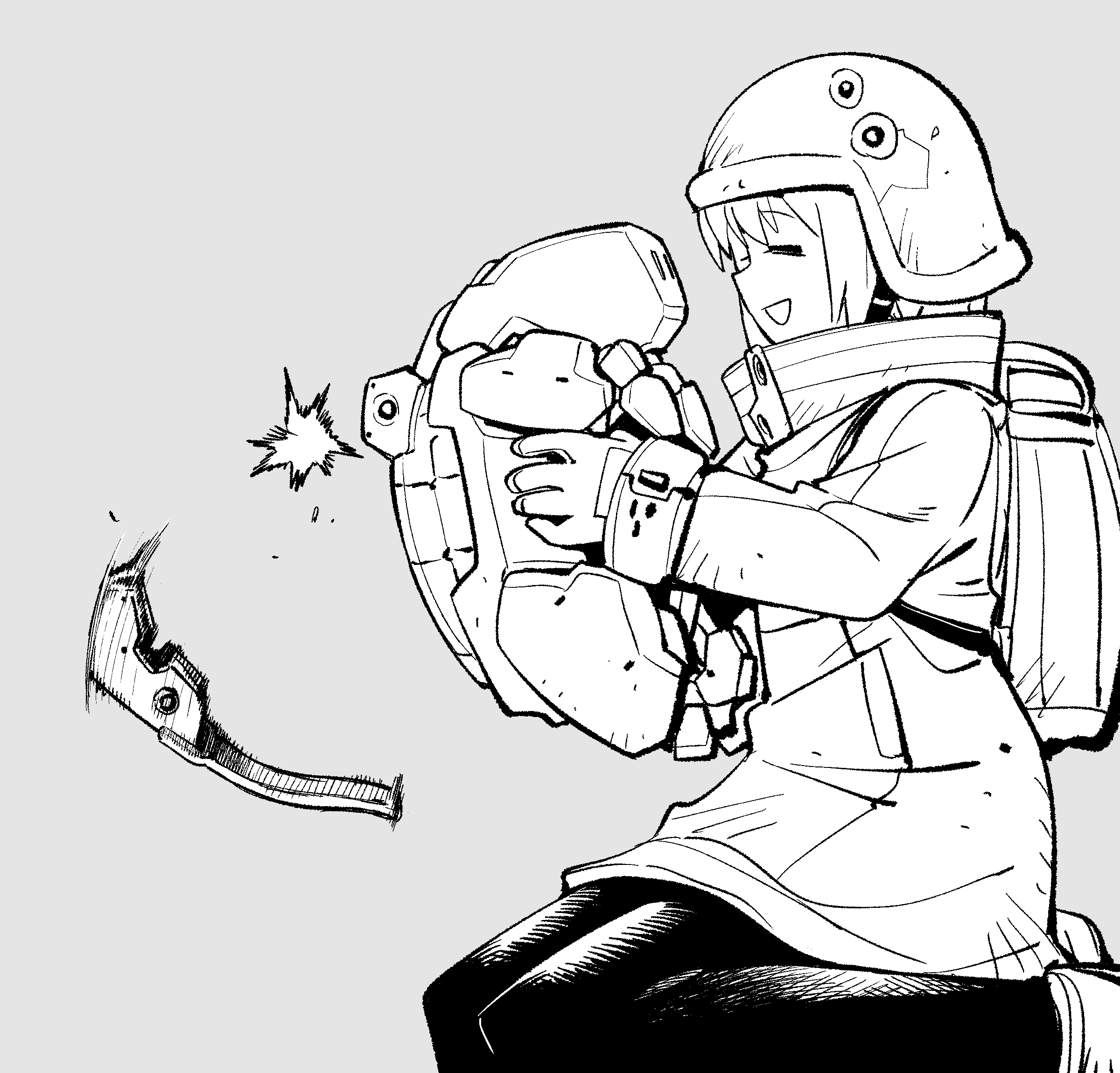 1girl, backpack, bag, bomb, closed_eyes, explosive, gloves, grenade, grenade_pin, greyscale, helmet, highres, holding, jacket, kato_takuji, monochrome, non-humanoid_robot, open_mouth, original, pet_robot_hunter_(kato_takuji), robot, robot_animal, smile, weapon