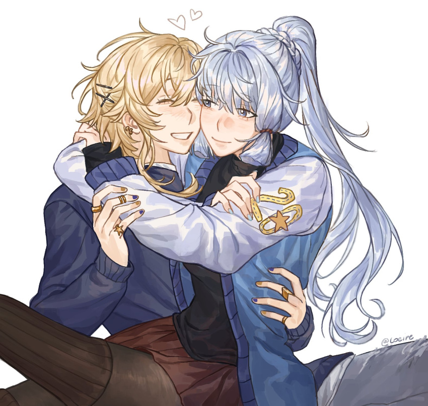 2girls, arms_around_neck, black_pantyhose, black_shirt, blonde_hair, blue_cardigan, blue_nails, blue_sweater